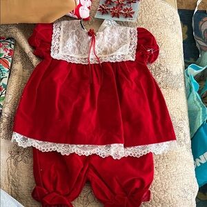 Vintage Red Velvet and Lace Baby Dress and Bloomers Jo Lene Size 18 months
